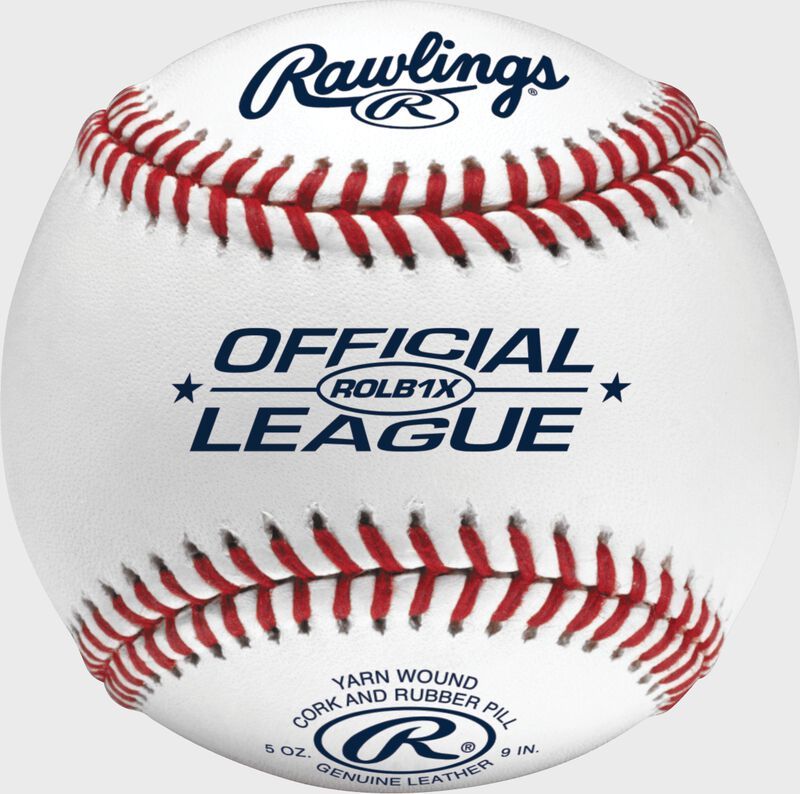 A rawlings official league baseball with red white and blue stitching