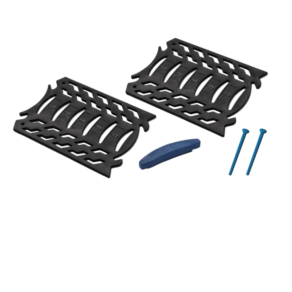 A pair of black plates with a blue handle and two nails on a white background.