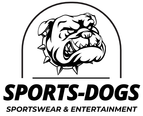 A black and white logo for sports dogs sportswear and entertainment.