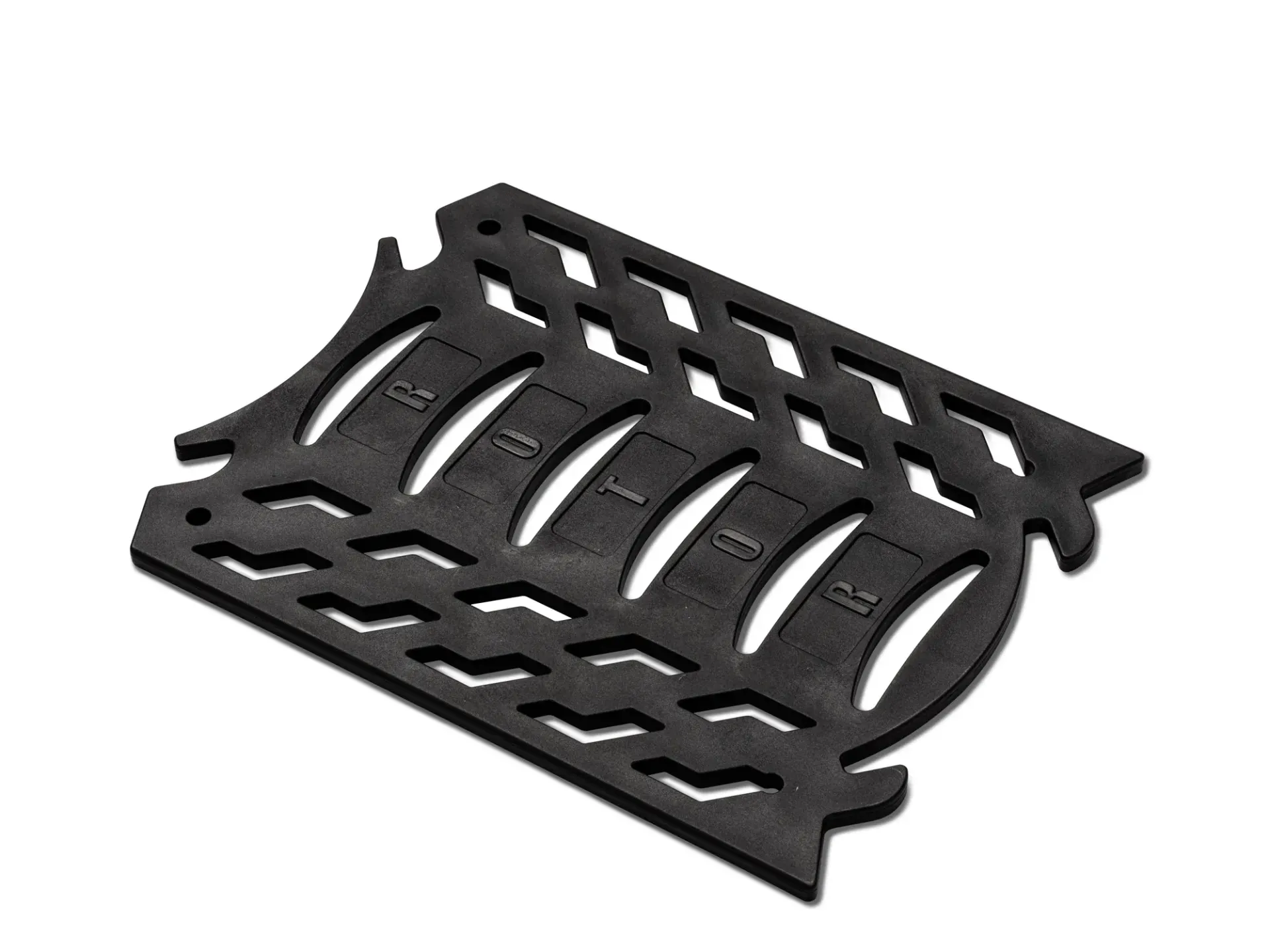 A black tray with holes in it on a white background.