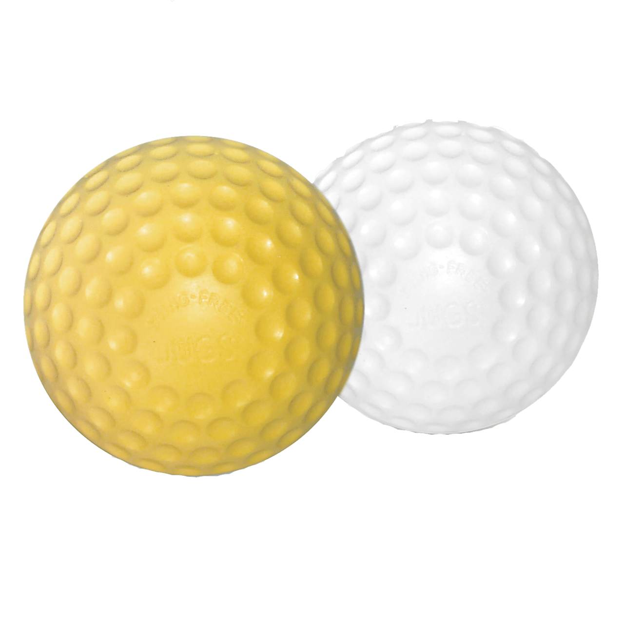 A yellow and a white golf ball on a white background