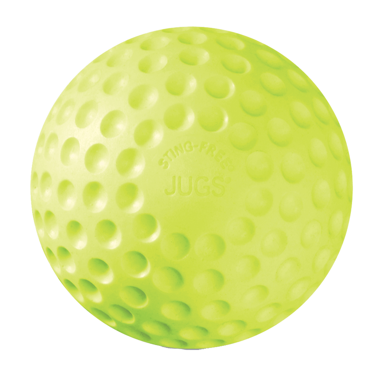 A yellow golf ball with the word jugs on it