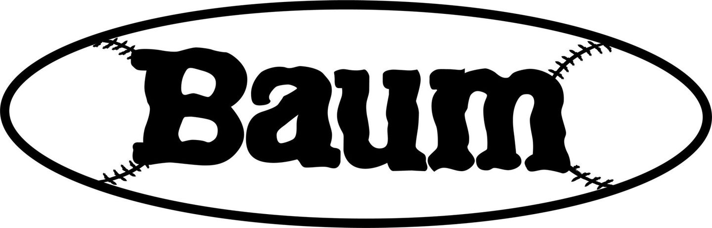 A black and white logo of a baseball with the word baum on it.