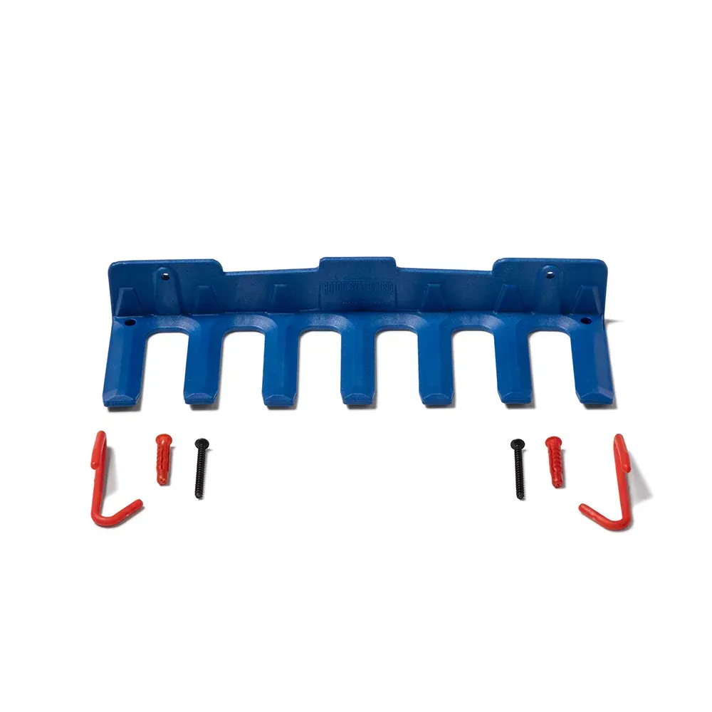 A blue tool rack with red hooks and screws