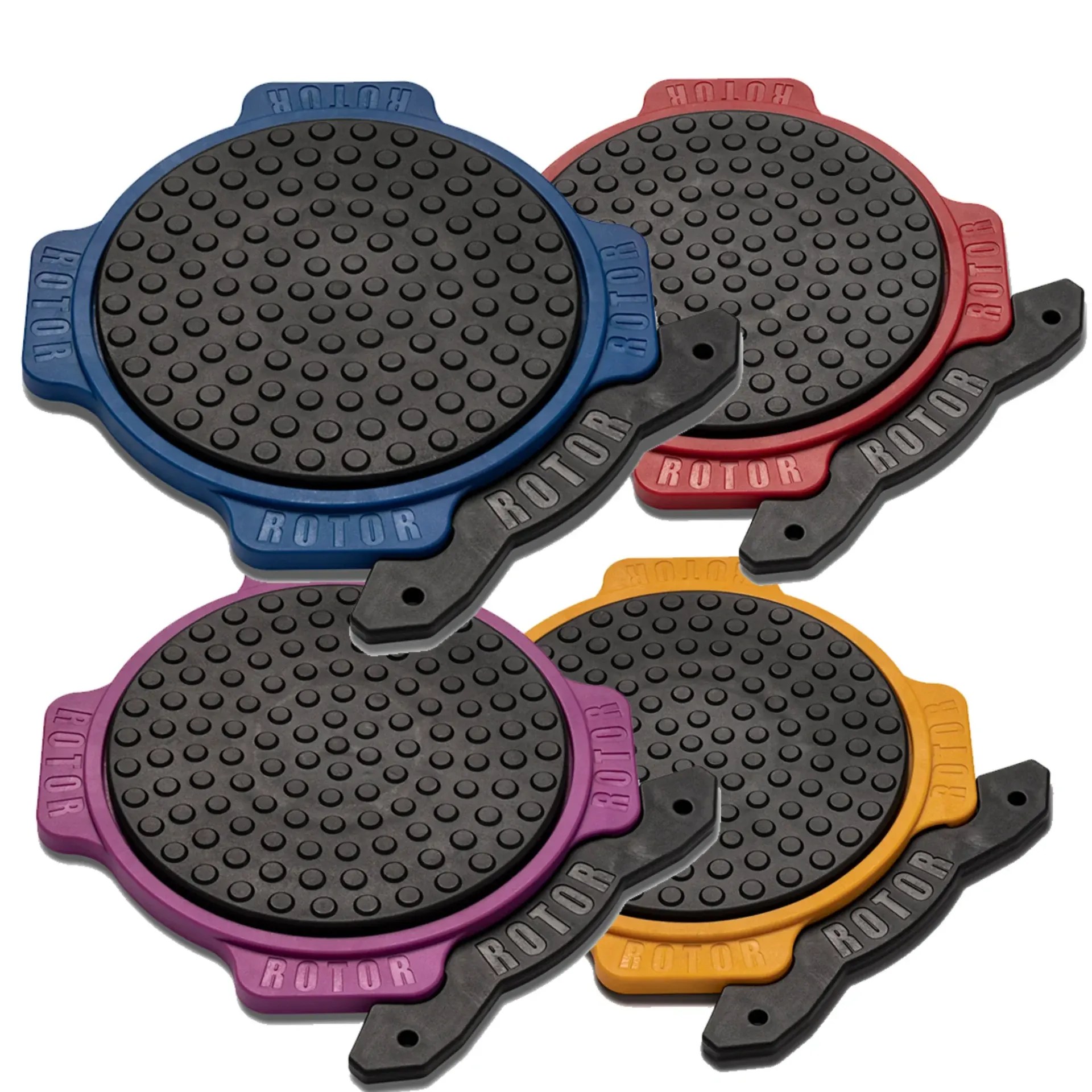 Four different colored rotor pads with wrenches attached to them