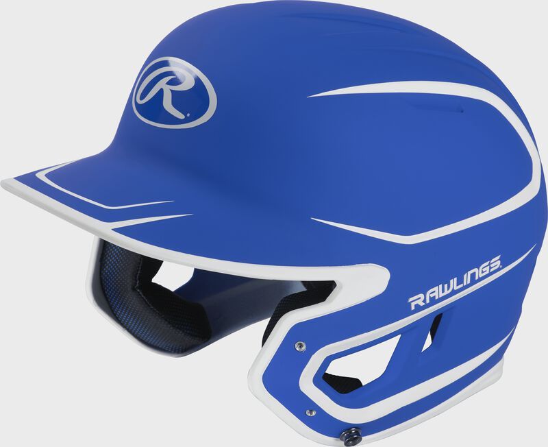 A blue and white baseball helmet with the word rawlings on it