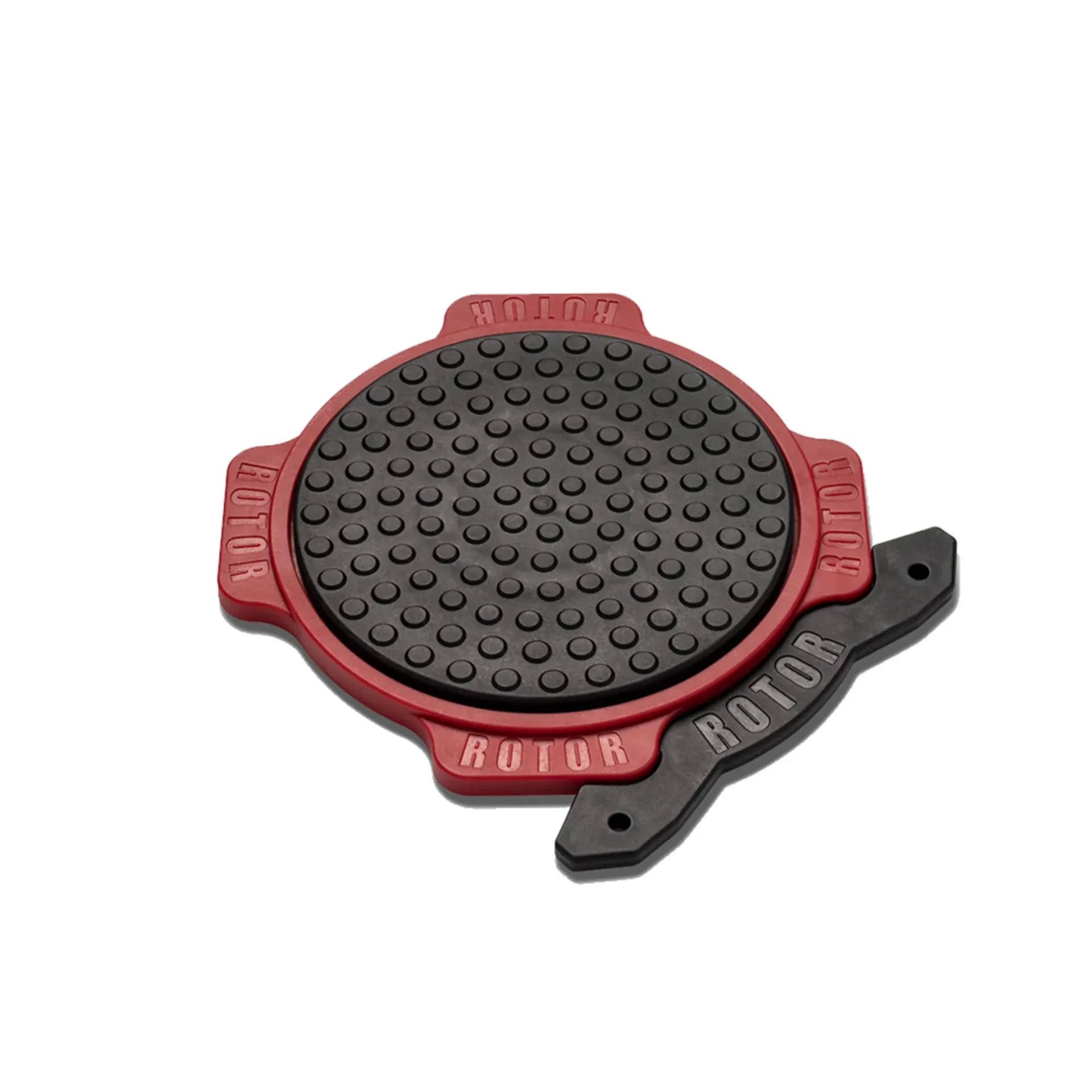 A red and black rotor coaster on a white background