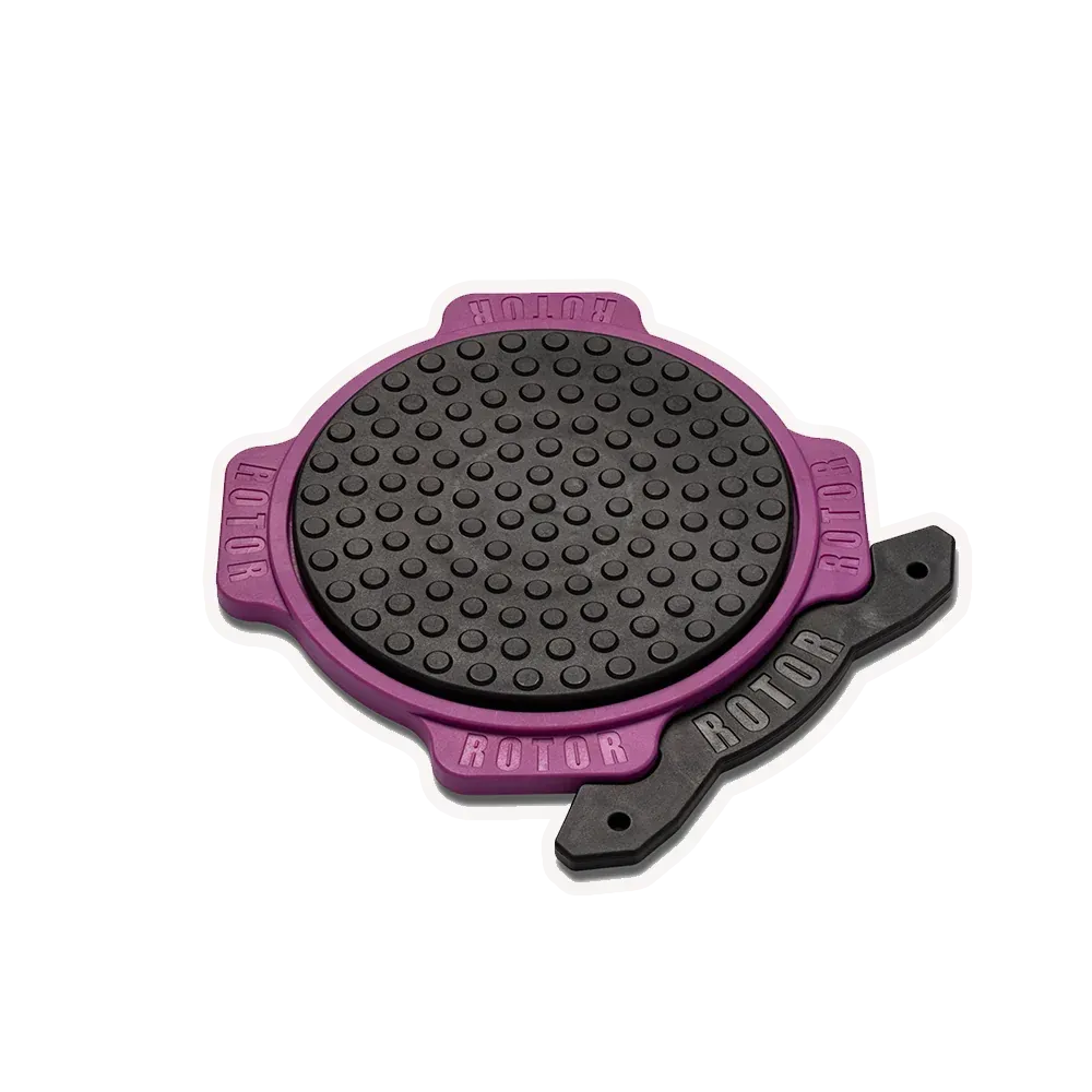A purple and black circular object with holes in it on a white background.
