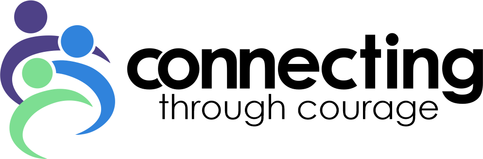 Connecting through Courage logo with blue and green stylized figures and black text on white background