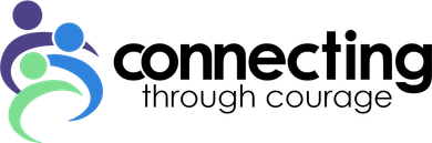 Connecting through Courage logo with blue and green stylized figures and black text on white background