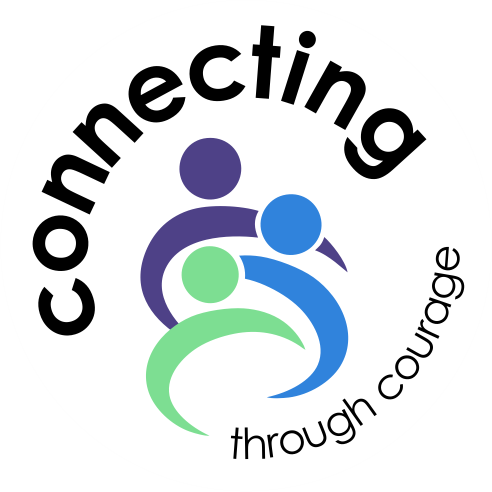 Logo with word “connecting” above and “through courage” below, with three linked figures in purple, blue, and green.