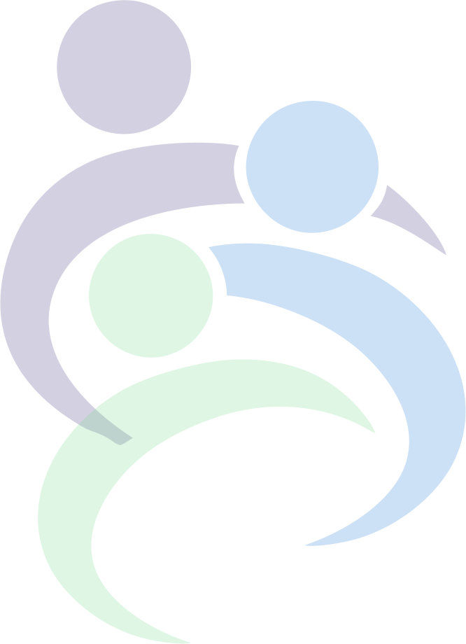 Abstract logo with three pastel-colored figures in a circular, swirling design on a white background
