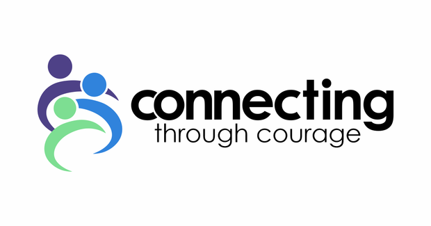 Connecting Through Courage logo with blue and green abstract figures and black text
