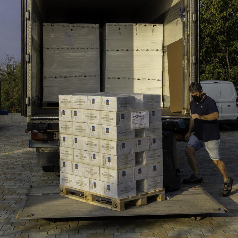 A person wearing a mask pushes a pallet of boxes out of a truck onto a loading dock.