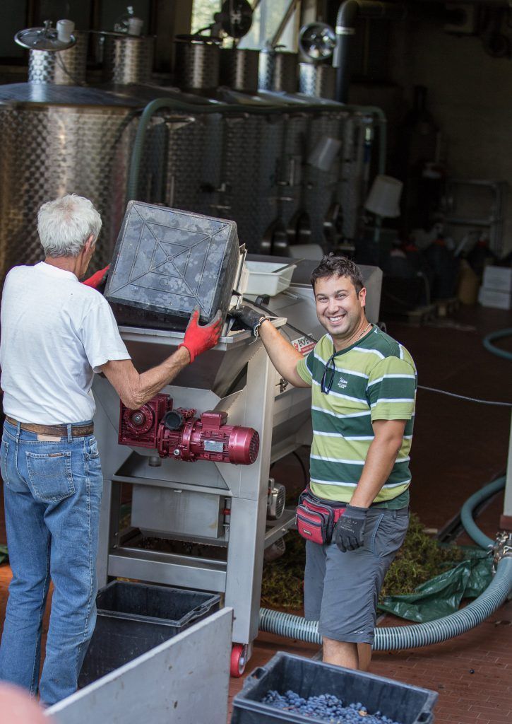 Two men processing grapes in a winery, one smiling, operating machinery