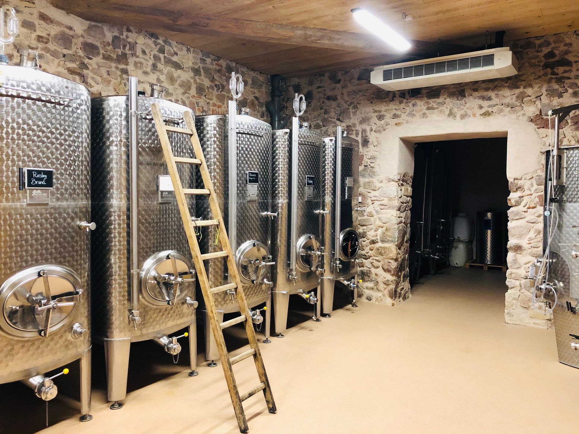Stainless steel wine tanks in a stone cellar, with a wooden ladder leaning against them.