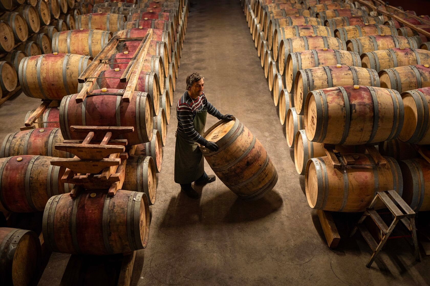Man rolling a wine barrel in a cellar among rows of wooden barrels, at Château Tour des Termes.