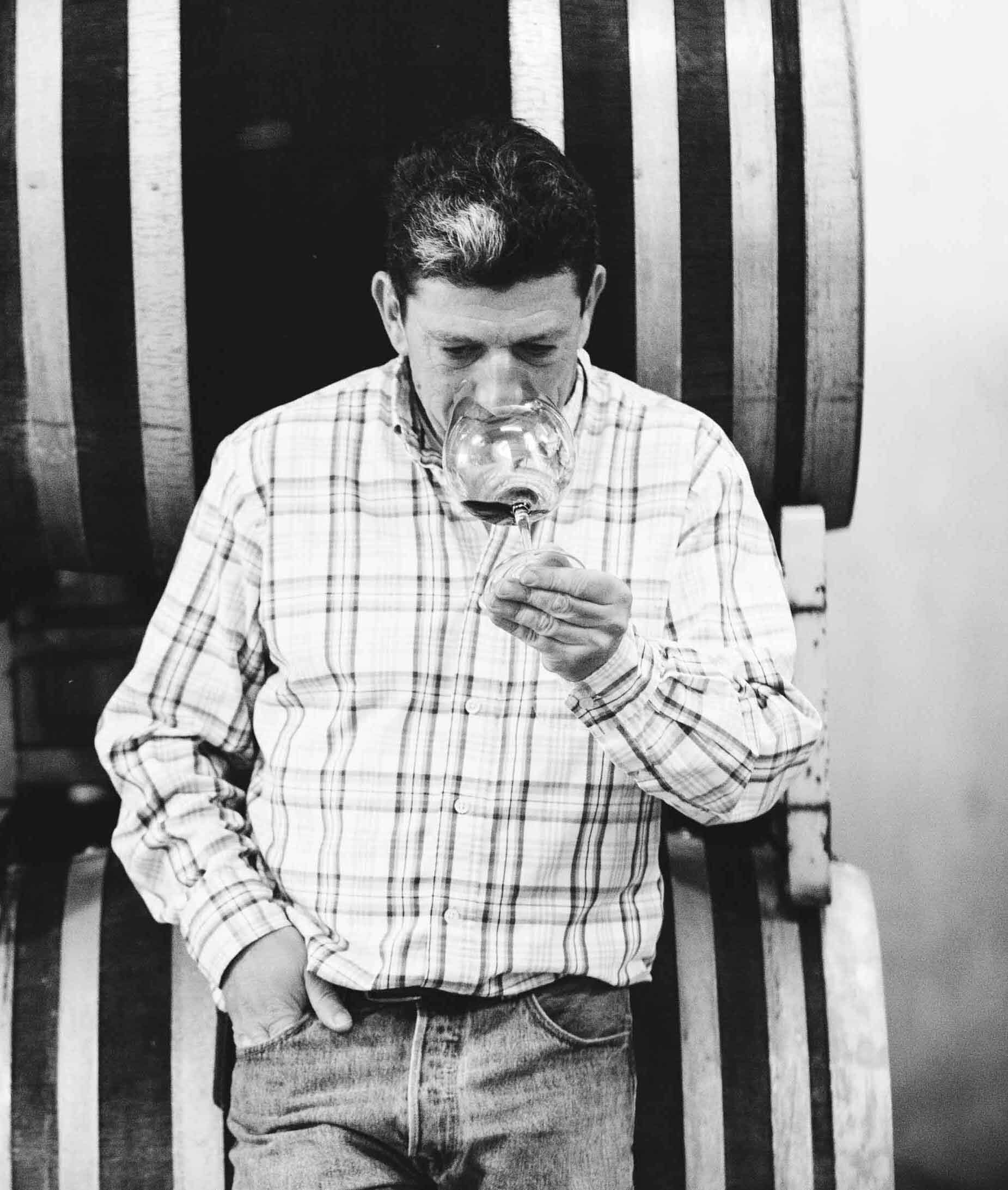 Man smelling wine from glass in cellar, leaning on wine barrels.