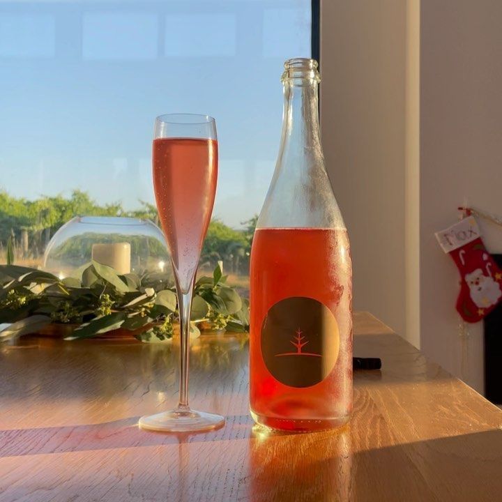 A glass and bottle of Bondar pink sparkling wine on a table near a window.