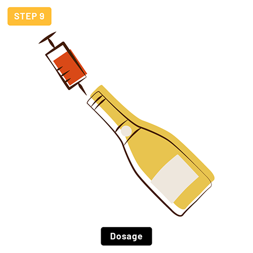 Topping up the bottles with dosage prior to bottling