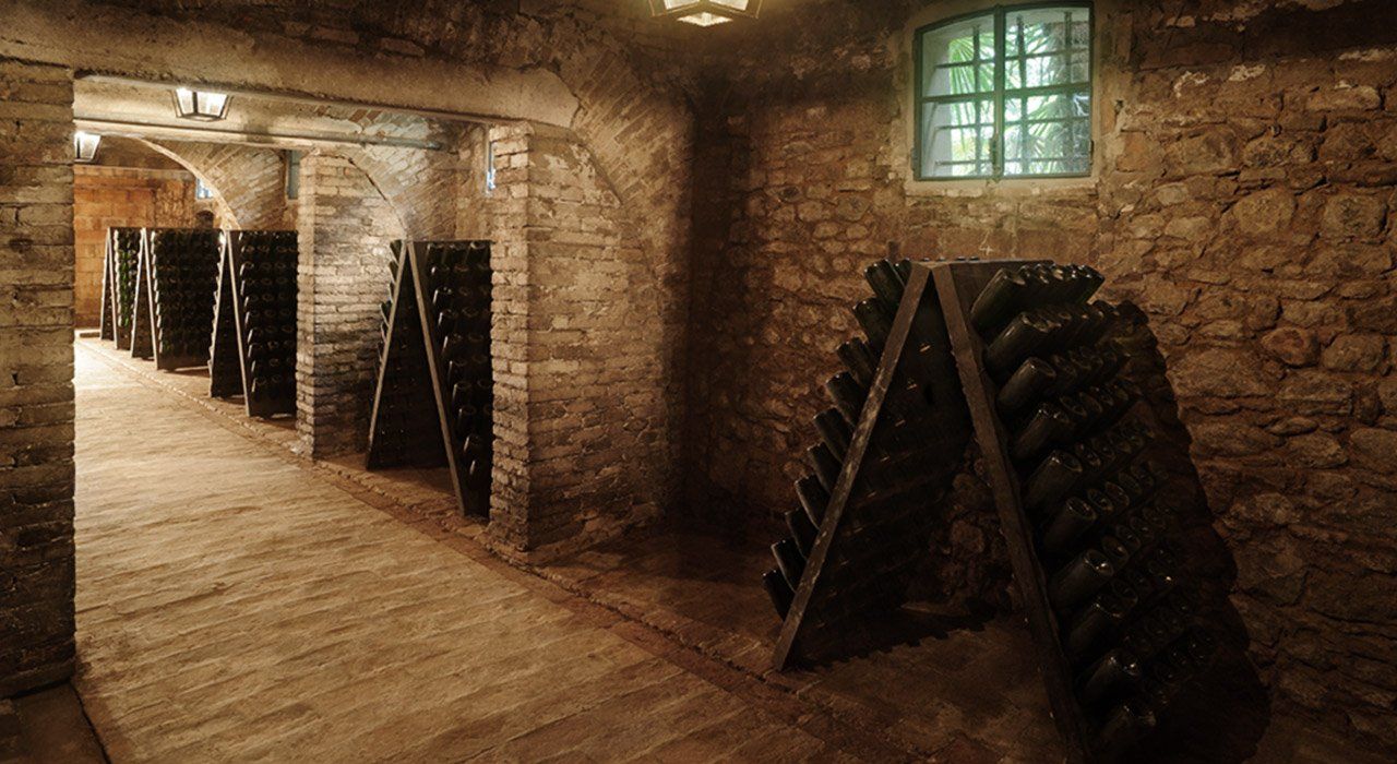 Historic Venturini Baldini cellar with bottle racks, showcasing traditional aging in Emilia-Romagna.