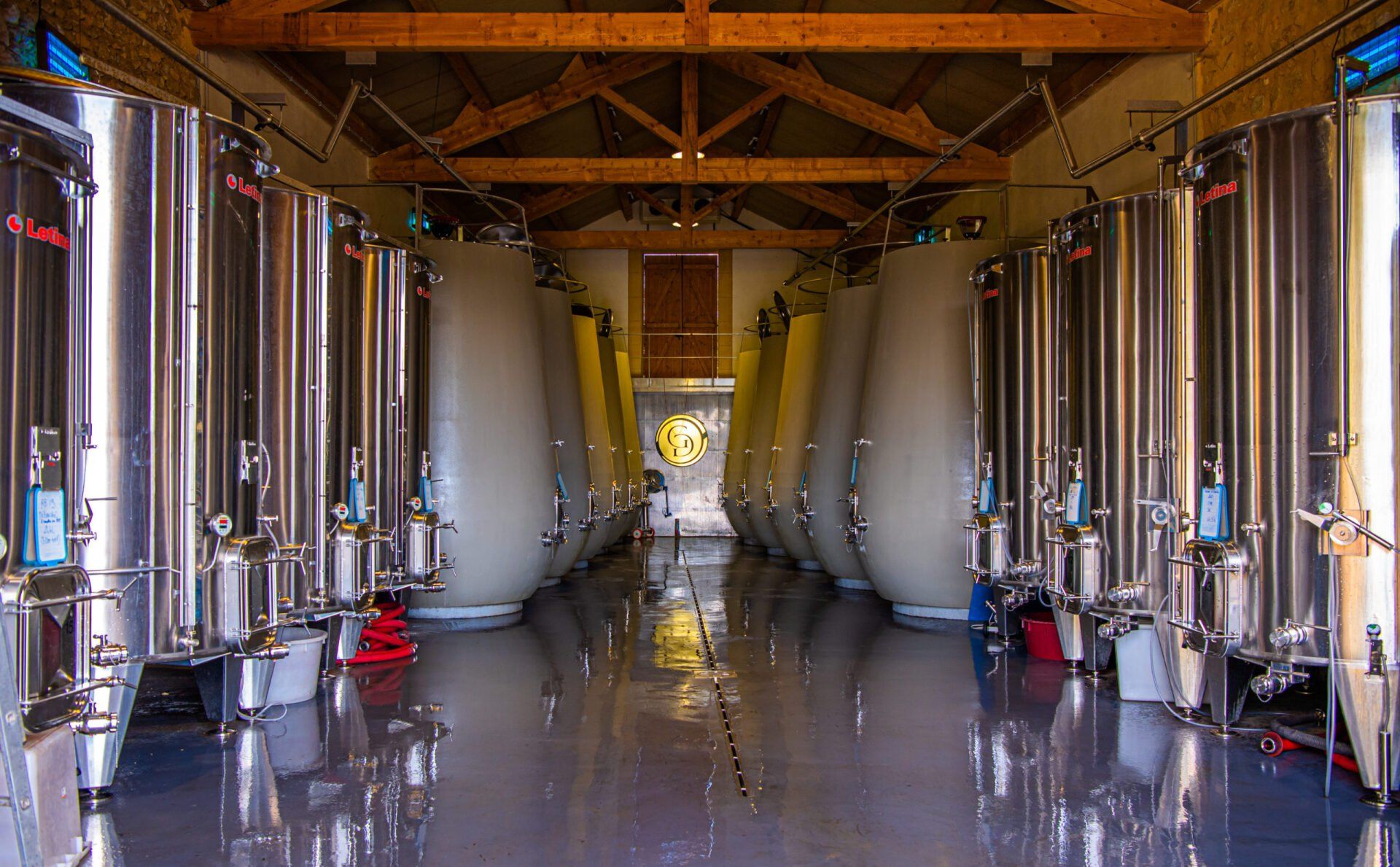 Stainless steel wine fermentation tanks, inside Gilbert & Gaillard winery