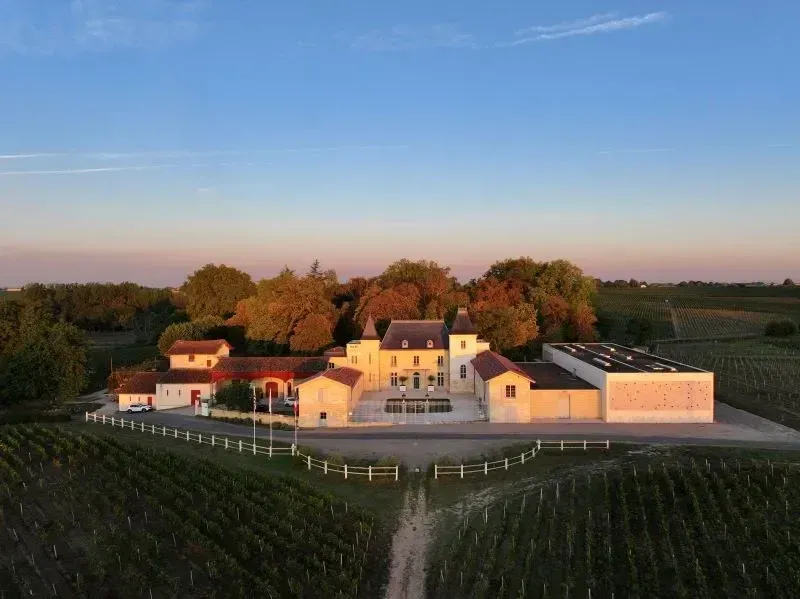 Château de Chambrun vineyard estate at sunset, with light-colored chateau in the background.