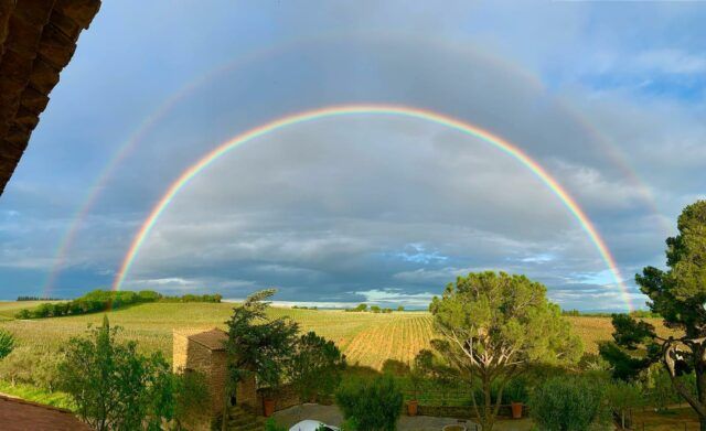Double rainbow arches over a green landscape with trees, at Domaine de la Solitude.