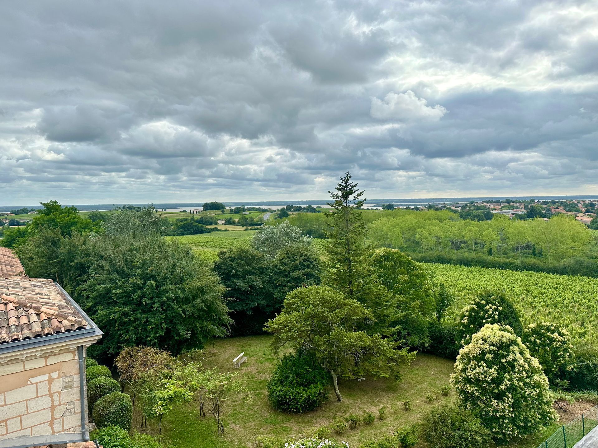 Peybonhomme-les-Tours - Overcast view of green trees, vineyard, and fields under a cloudy sky.