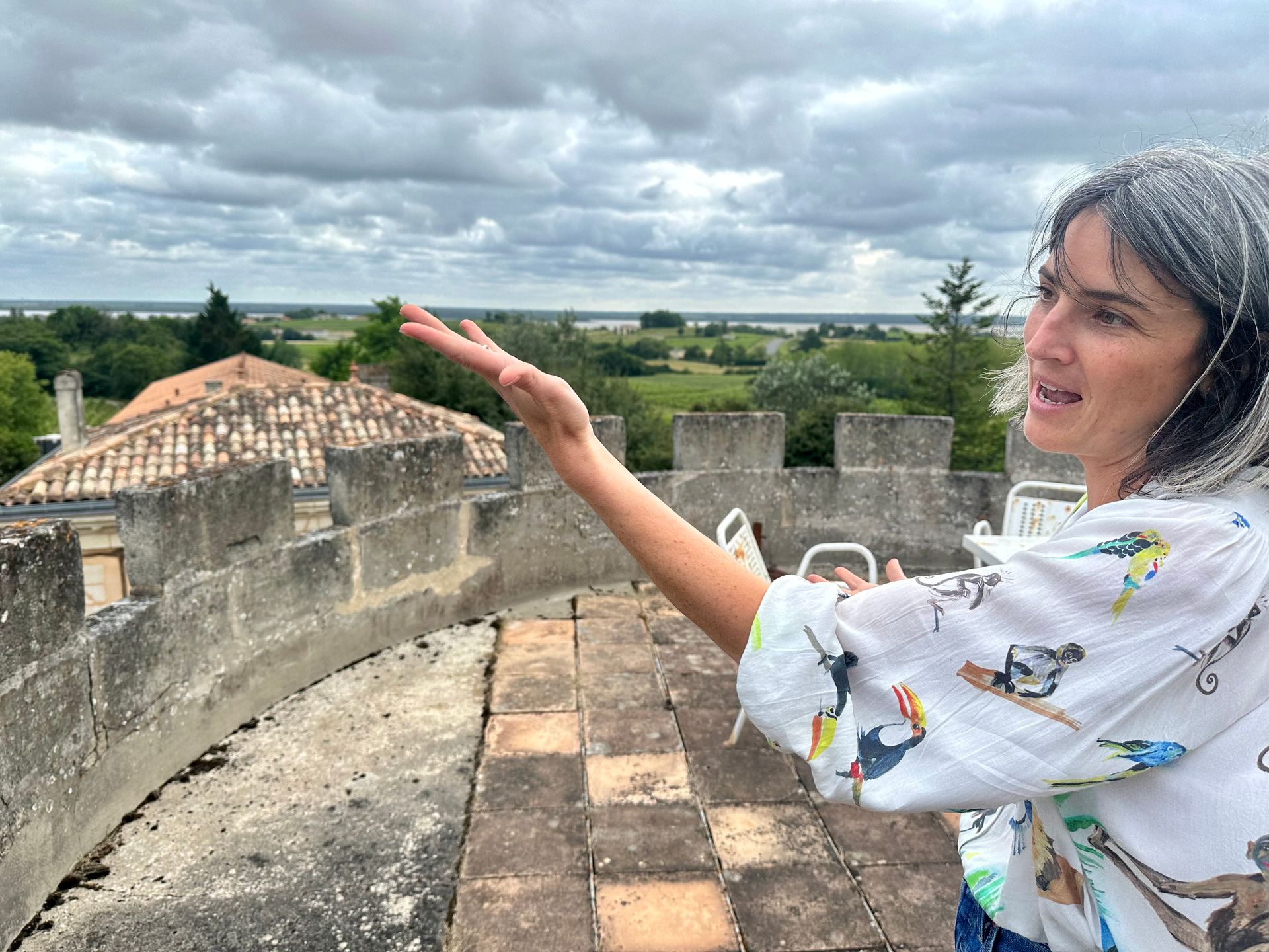 Winemaker of Peybonhomme-les-Tours gesturing over the vineyard landscape