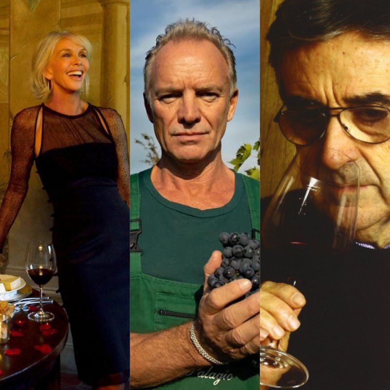 Three individuals with wine: woman in dress, man holding grapes, man tasting wine.