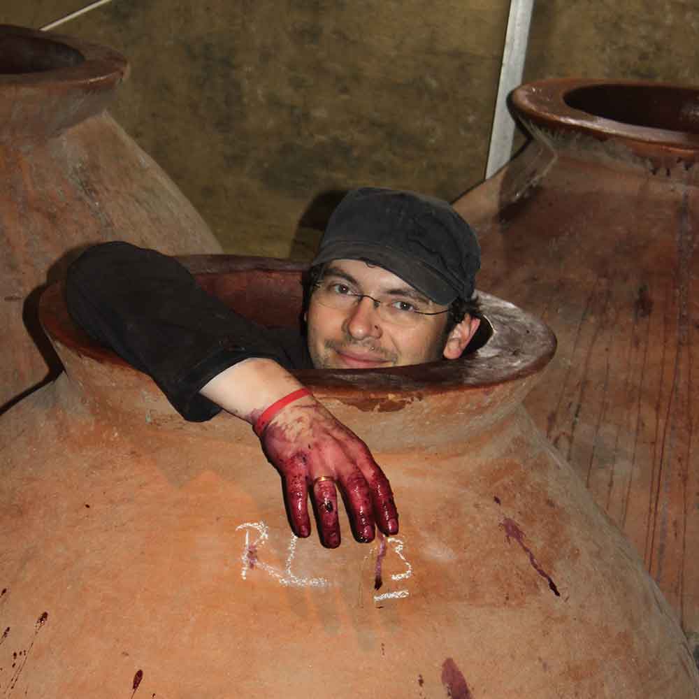 A Zillinger winemaker inside a clay fermentation vessel, with stained hands resting on the rim.
