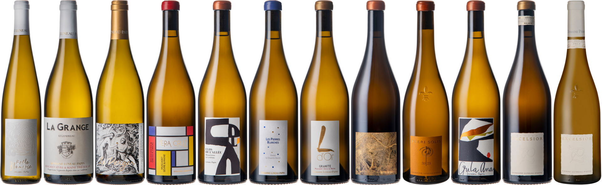 A row of Luneau Papin wine bottles