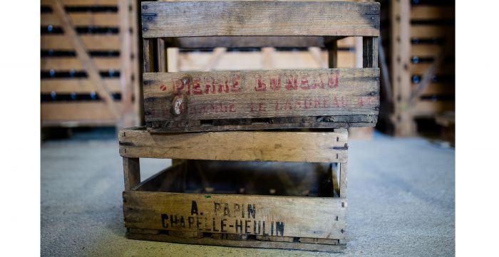 Two stacked, weathered wooden crates, at Luneau Papin