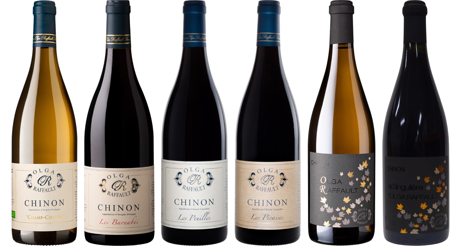 Six Olga Raffault wine bottles with various labels and colors arranged side-by-side.