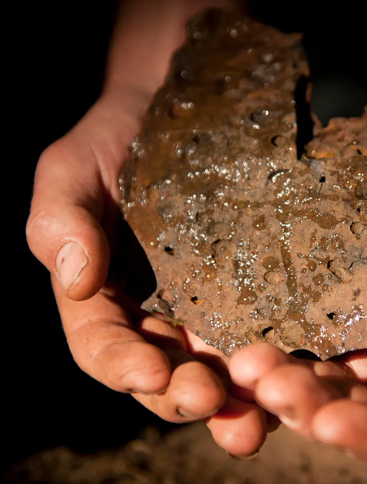 Hands holding wet clay-rich soil at Evening Land vineyards,