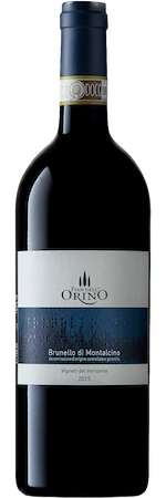 Bottle of Orino Brunello di Montalcino red wine. Dark bottle with blue and white label.