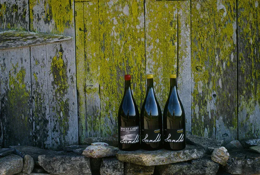 Three Sandhi wine bottles on stone ledge in front of weathered, green-tinged wooden wall.