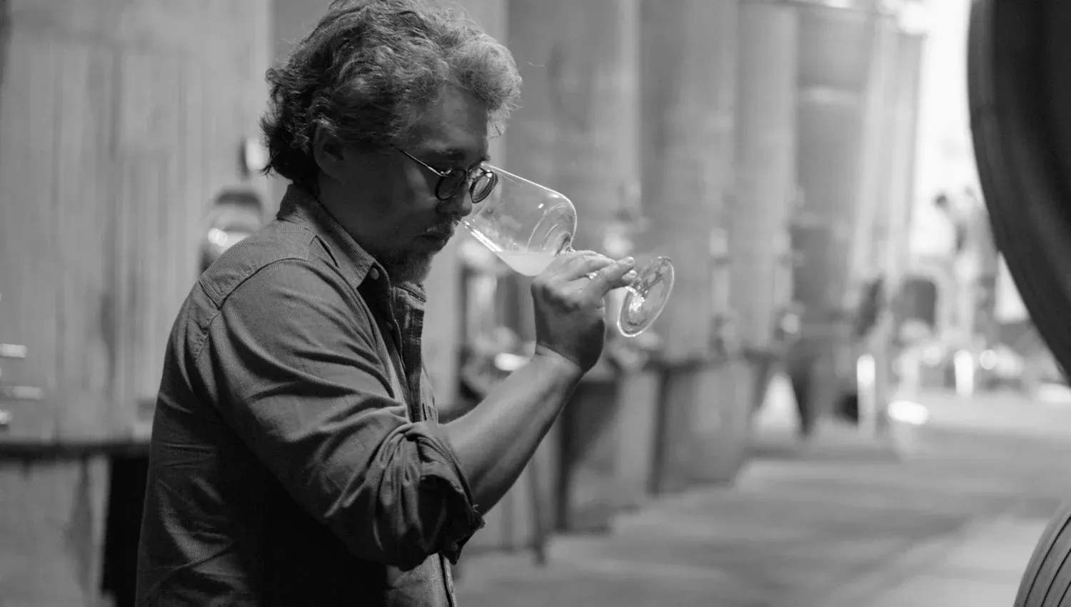 Winemaker tasting wine in the Evening Land cellar