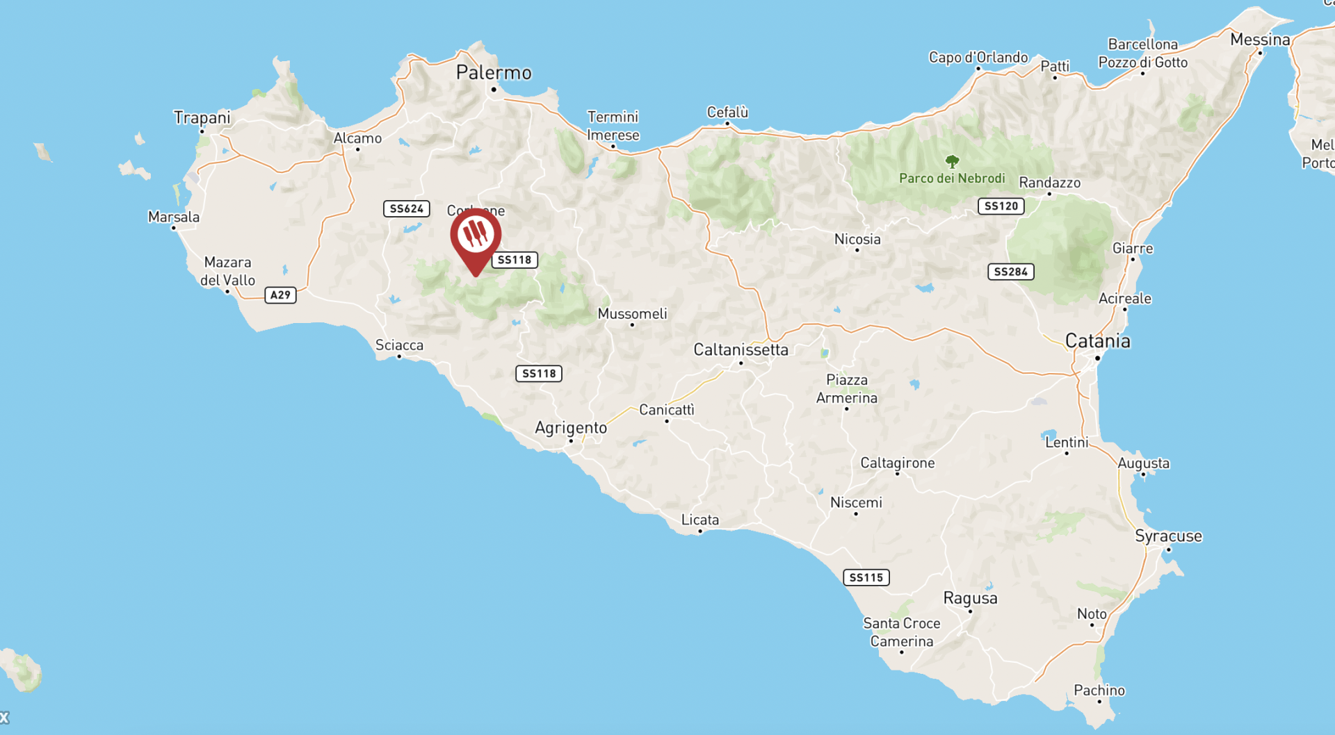 Map of Sicily, Italy with a marker indicating Di Giovanna location.