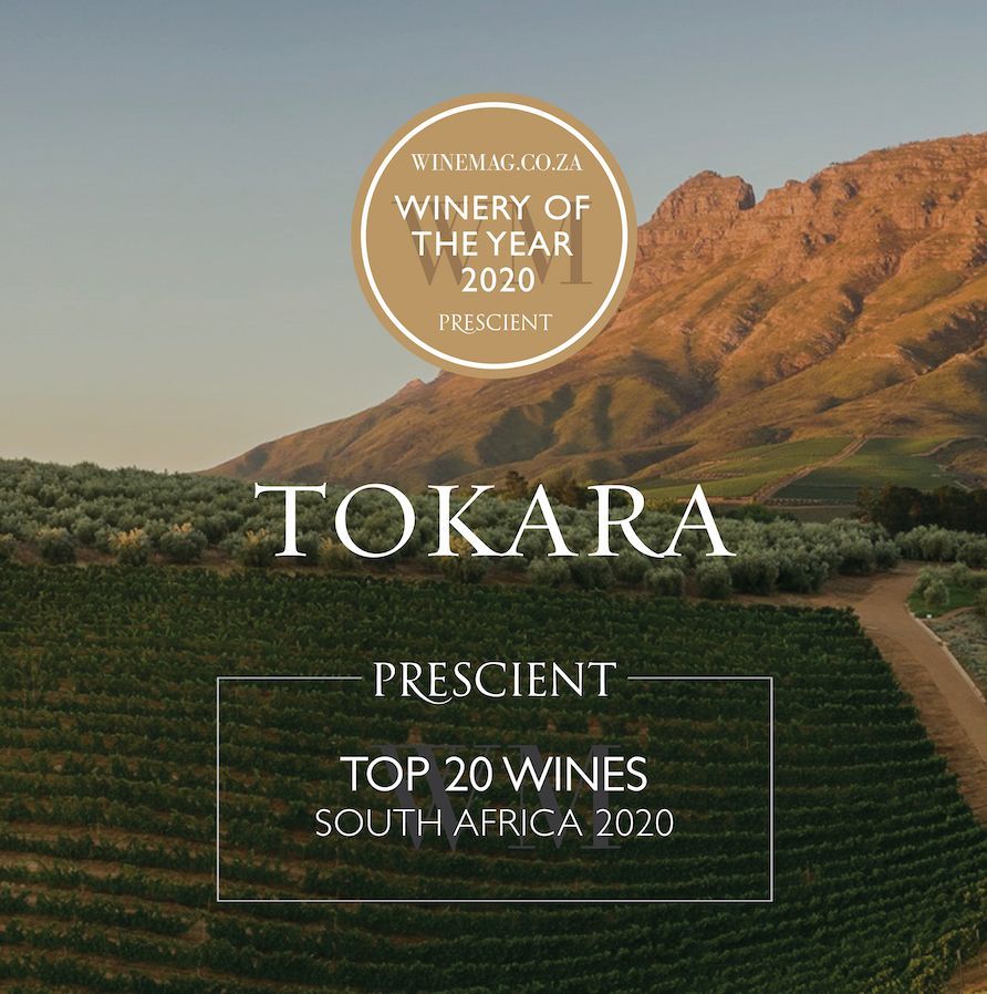 Tokara winery landscape with awards: Winery of the Year 2020 and Top 20 Wines South Africa 2020.