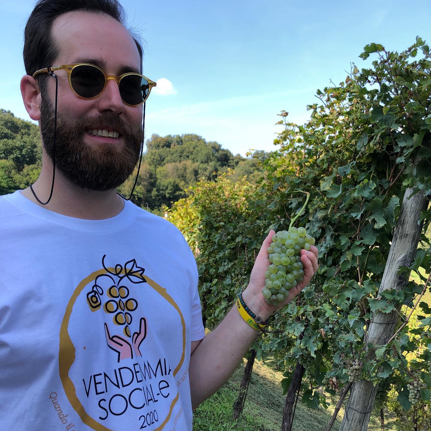 Winemakers of Tenuta AMadio with sunglasses holds grapes in a vineyard.