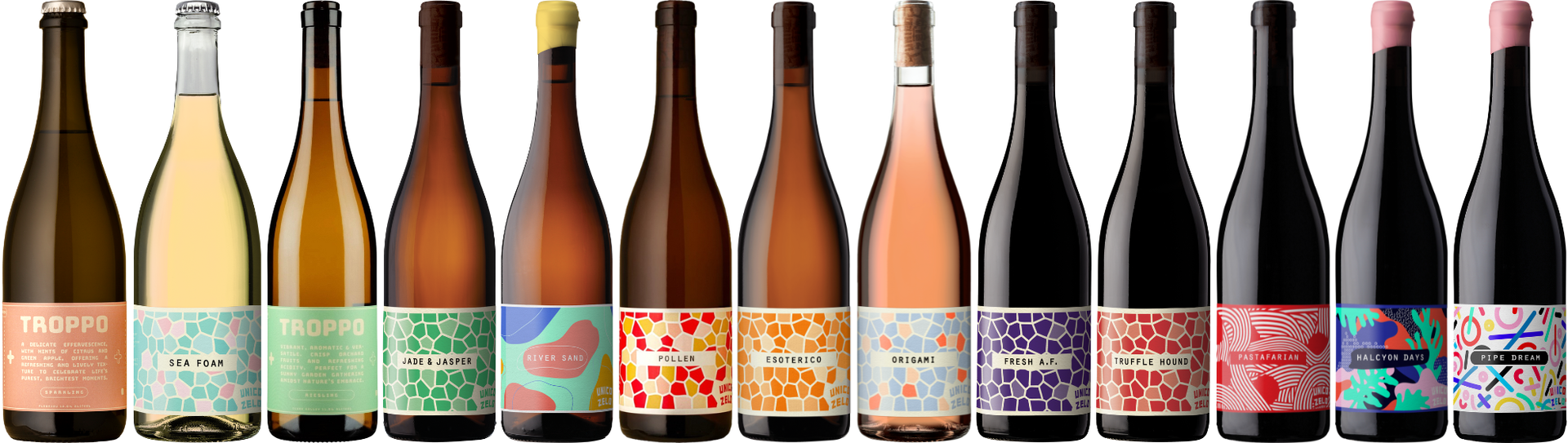 A frontal picture of different Unico Zelo wine bottles.