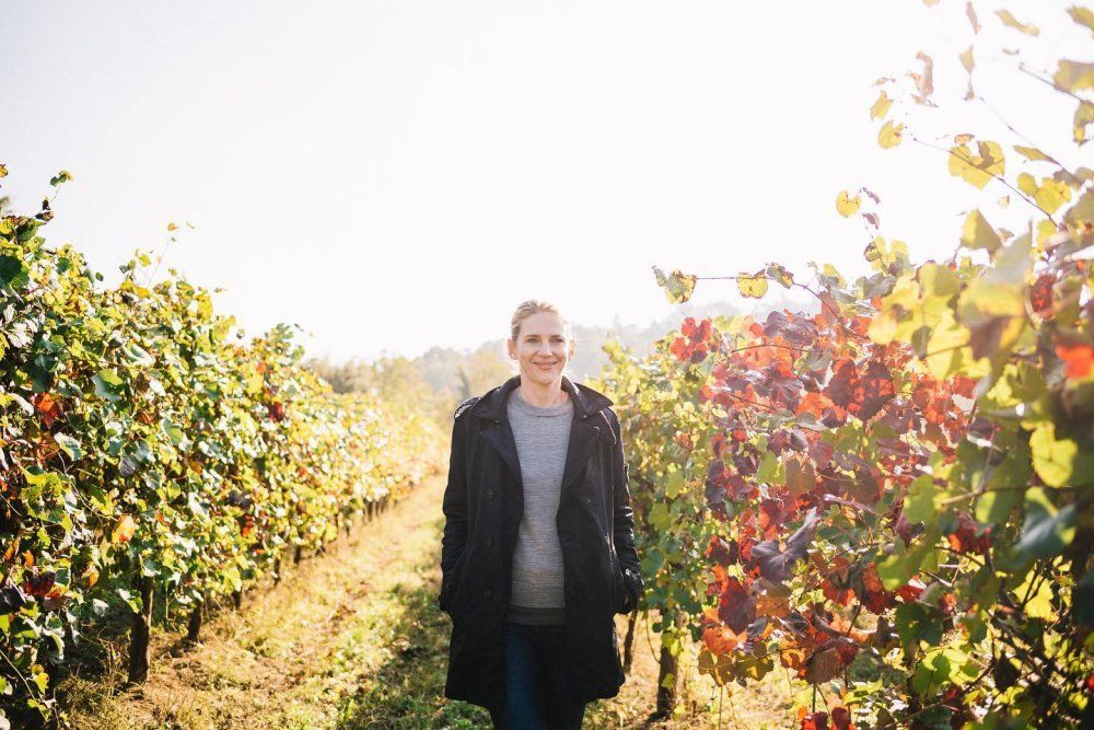 Venturini Baldini vineyard with estate team member among autumn vines in Emilia-Romagna.