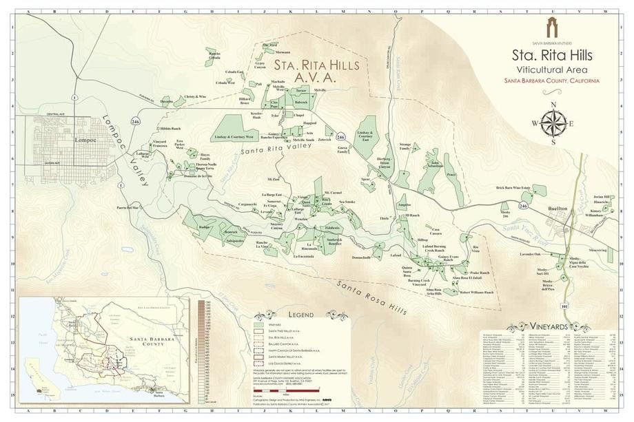 Map of the Sta. Rita Hills AVA, the wine-growing region where Sandhi Winery is located.