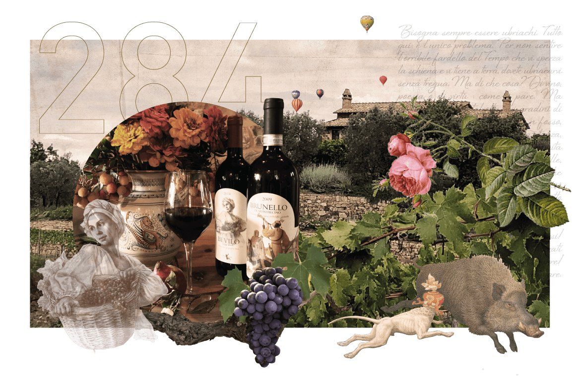 Casa Raia wine bottles and glass, with flowers, fruit and a villa on the background.