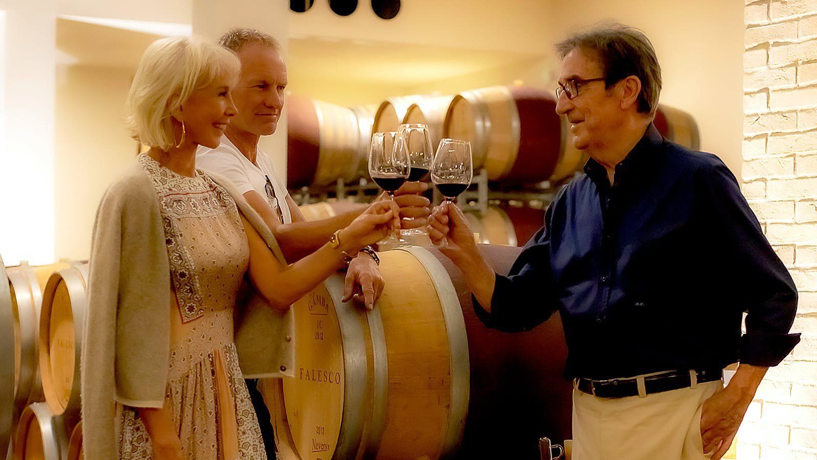 Il Palagio - Cellar Tasting, Rockstar Sting, actress and directress Trudie Styler and consulting winemaker Riccardo Cotarella Il Palagio - Cellar Tasting, Rockstar Sting, actress and directress Trudie Styler and consulting winemaker Riccardo Cotarella