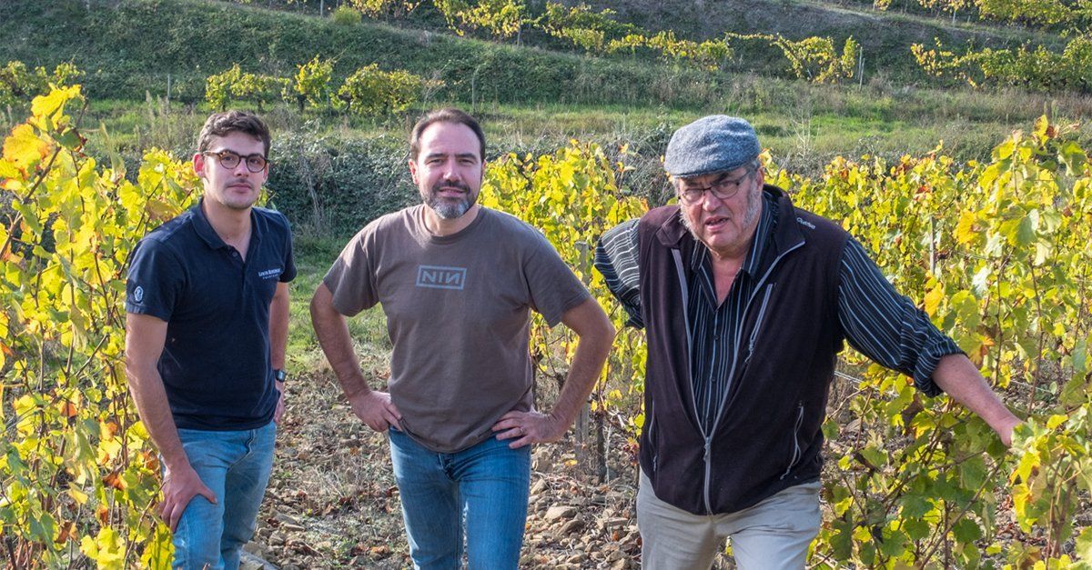 Winemakers of Pithon-Paillé in the vineyard.