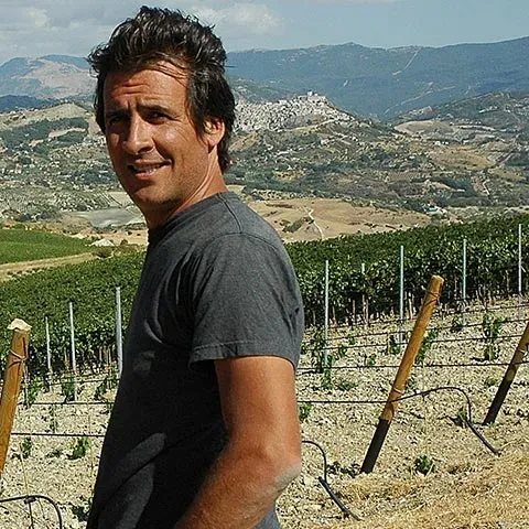 Man standing in Di Giovanna vineyard, with mountain town in background.