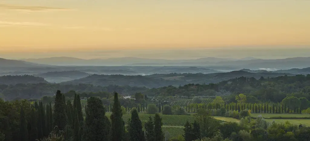 Rolling green hills under a hazy, golden sky; a distant mountain range is visible.